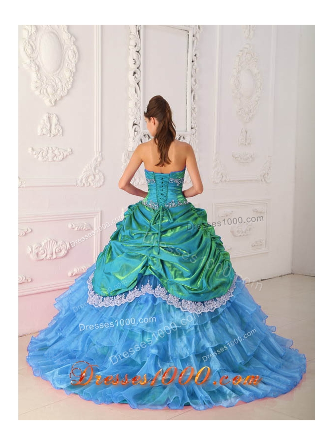 2014 CuteBlue Puffy Strapless Lace and Appliques Quinceanera Dress with Ruffled Layers