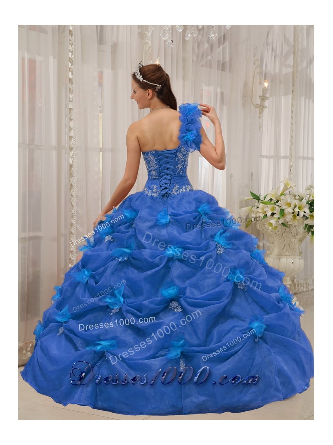 2014 Perfect Blue Puffy One-shoulder Quinceanera Dress with Appliques and Beading