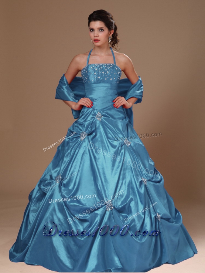2014 Pick-ups Halter Quinceanera Dresses Princess in Teal