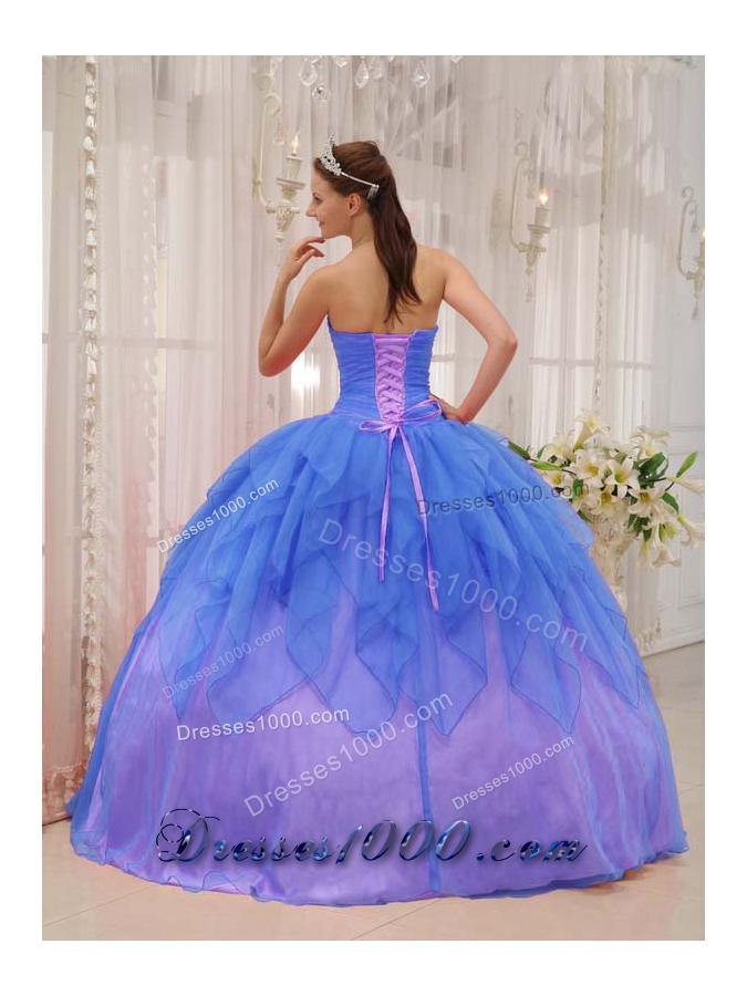 2014 Popular Blue Puffy Strapless Quinceanera Dress with Beading and Ruffles