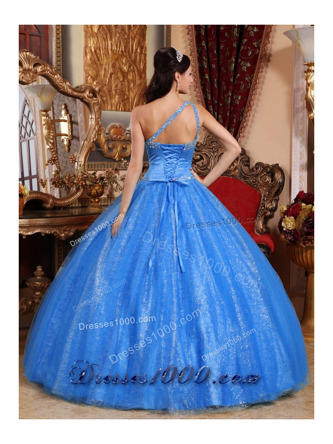2014 Quinceanera Dress in Blue Puffy One Shoulder with Beading