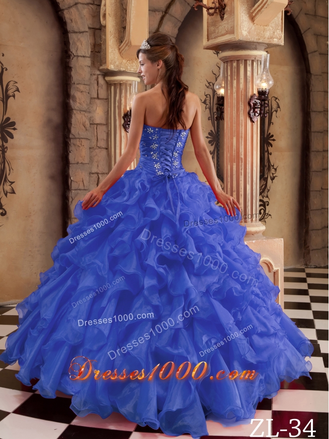 2014 Simple Royal Blue Sweetheart Puffy Ruffles Quinceanera Dress with Beading