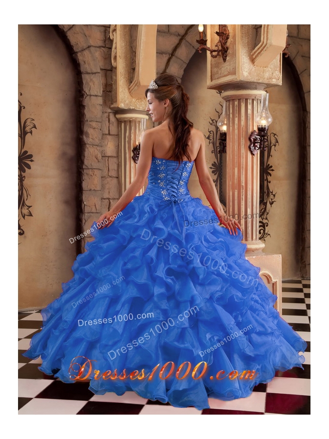 2014 the Super Hot Blue Puffy Sweetheart Ruffles Quinceanera Dress with Beading