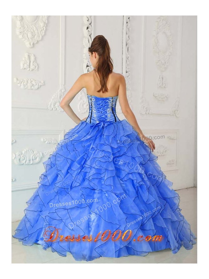Affordable Blue Puffy Strapless Appliques for 2014 Quinceanera Dress with Ruffles