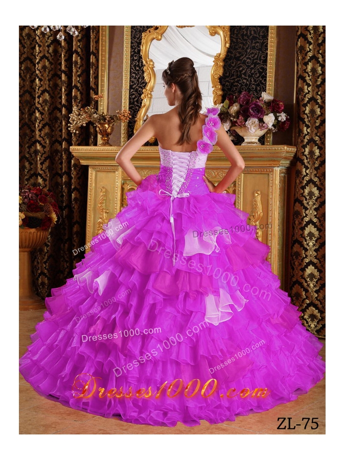 Beautiful One Shoulder Organza Ruffles and Beading Quinceanera Dress