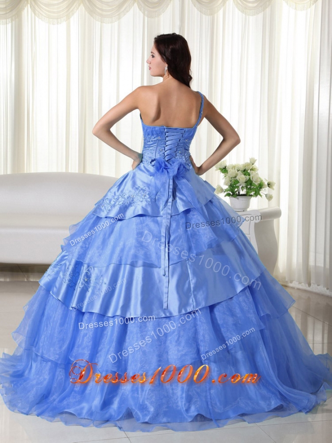 Discount Blue Puffy One Shoulder for 2014 Beading Quinceanera Dress with Ruffled Layers