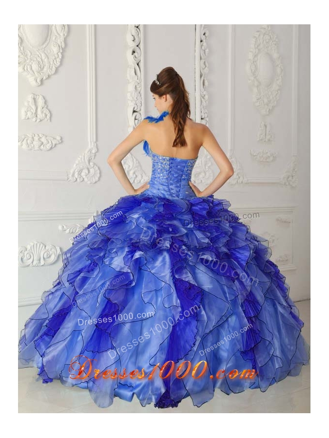 Discount Royal Blue Puffy Strapless for 2014 Beading Quinceanera Dress with Ruffles