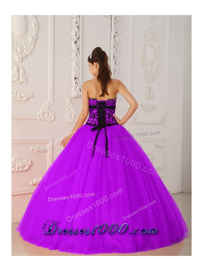 Fuchsia A-line / Princess Strapless Tulle and Zebra Beading Quinceanera Dress