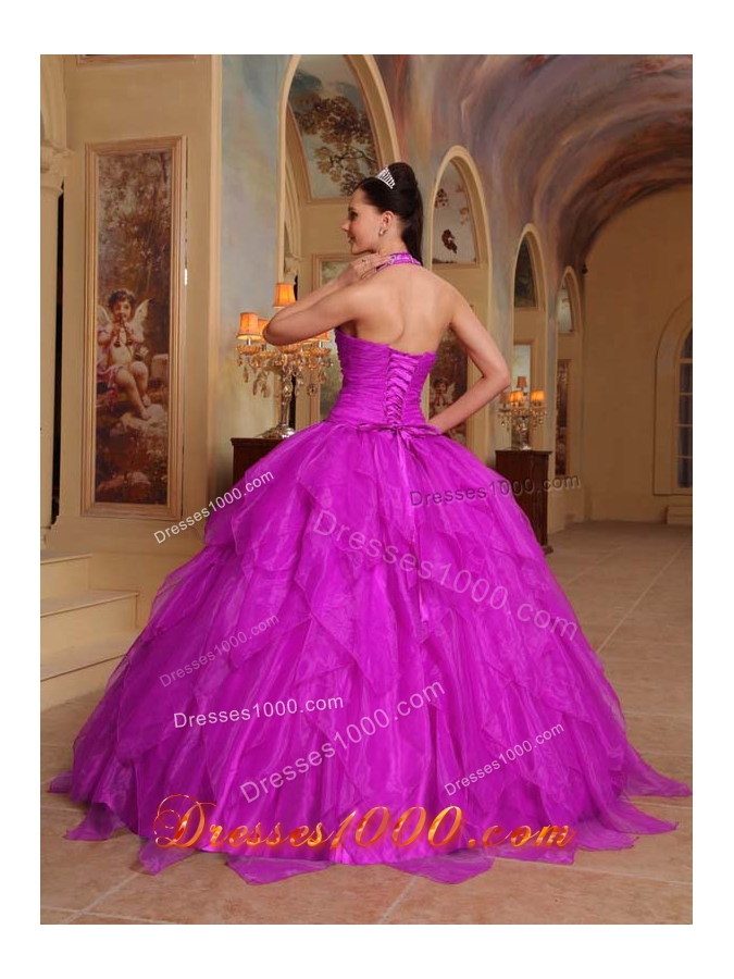 Fuchsia Halter Organza Quinceanera Dress with Appliques and Beading