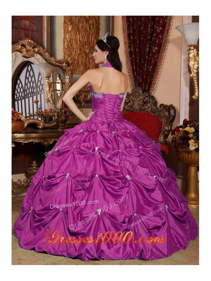 Fuchsia Halter Top Taffeta Appliques and Pick-ups Quinceanera Gowns