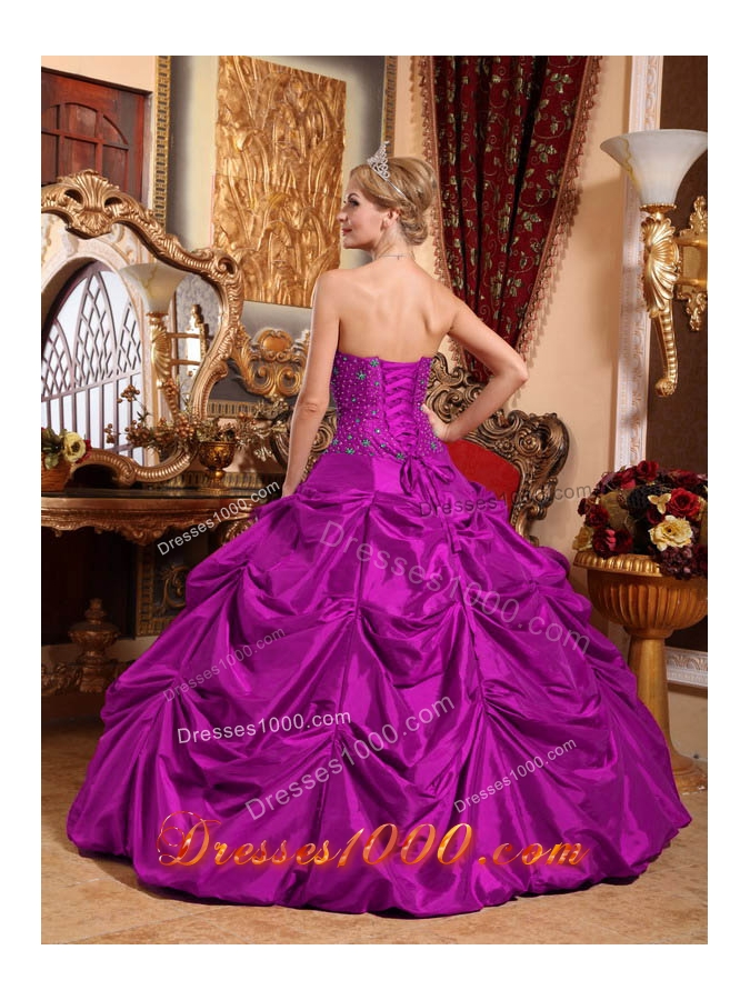 Fuchsia Strapless Taffeta Quinceanera Dress with Beading and Pick-ups