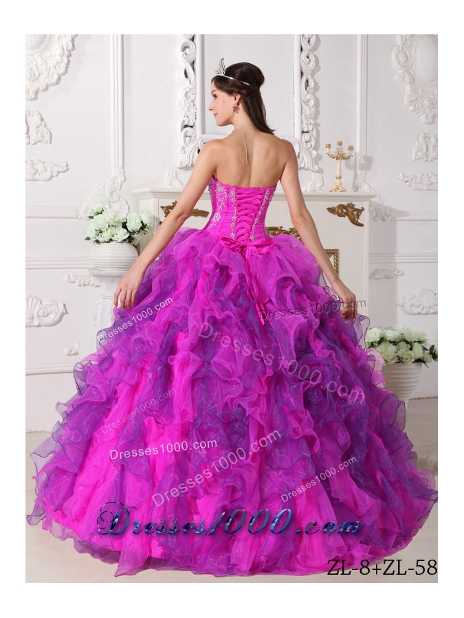 Fuchsia Sweetheart Satin and Organza Quinceanera Gown with Embroidery