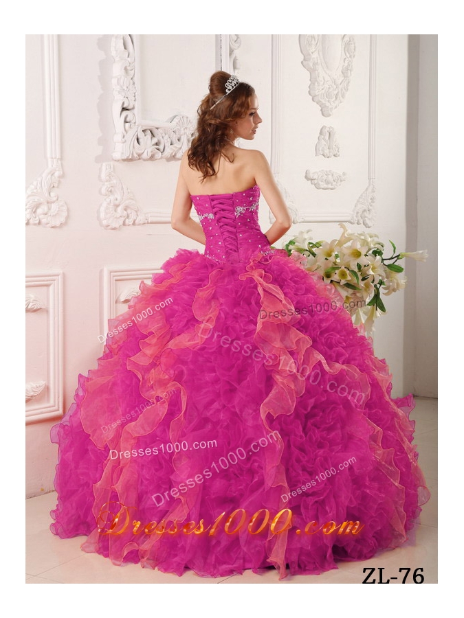 Hot Pink Ball Gown Sweetheart Floor-length Organza Appliques and Beading Quinceanera Dress