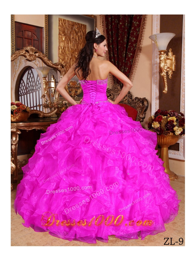 Hot Pink Ball Gown Sweetheart Floor-length Organza Beading Quinceanera Dress