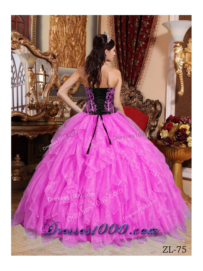 Hot Pink Ball Gown Sweetheart Floor-length Organza Embroidery with Beading Quinceanera Dress