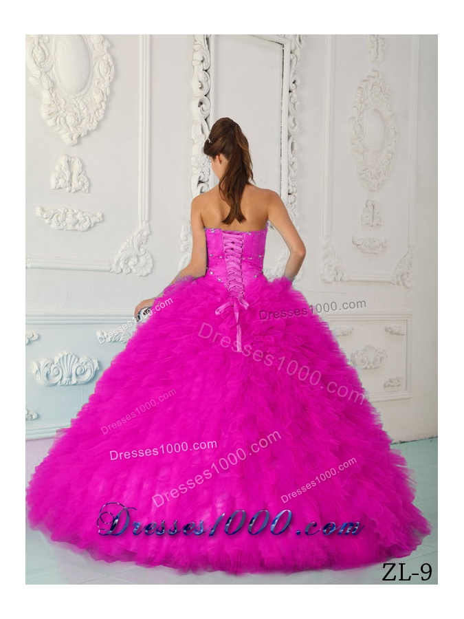 Hot Pink Ball Gown Sweetheart Floor-length Satin and Organza Beading Quinceanera Dress