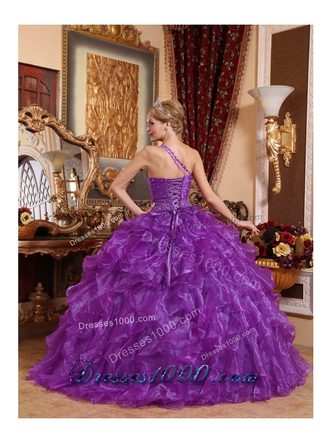 Purple One Shoulder Organza Quinceanera Gowns with Beading and Ruffles