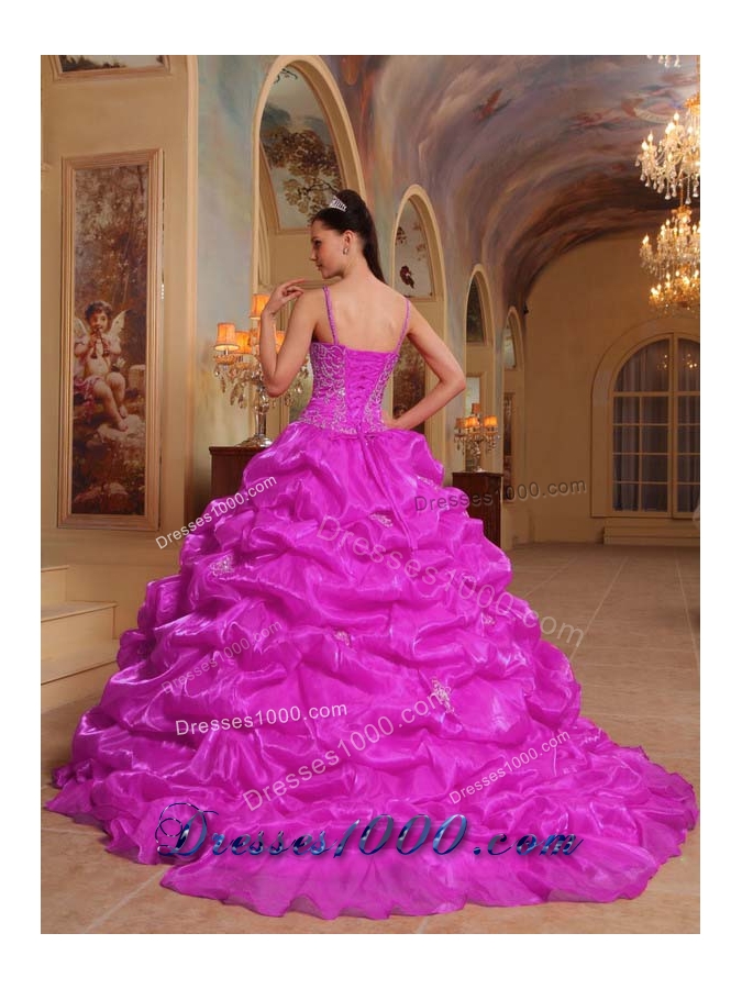 Spaghetti Straps Organza Quince Dresses with Appliques and Pick-ups