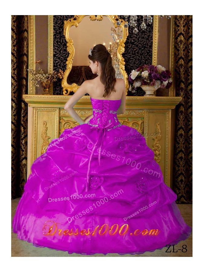 Sweetheart Fuchsia Organza Appliques Decorate Dresses For a Quince