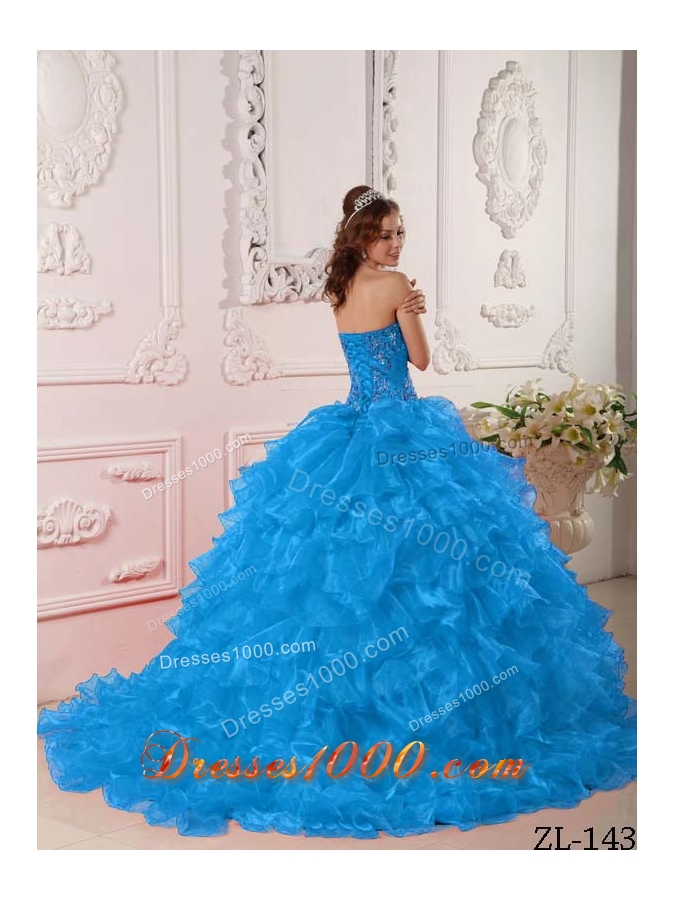 2014 Beautiful Quinceanera Dress in Teal with Ruffles And Embroidery
