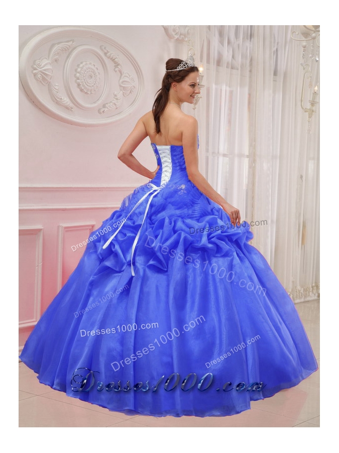 2014 Blue Puffy Strapless Ruching and Beading Quinceanera Dress with Pick-ups