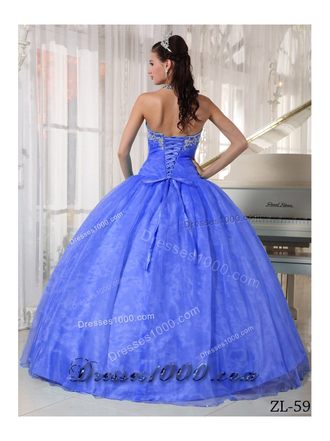 2014 Blue Puffy Sweetheart Appliques Quinceanera Dress with Beading