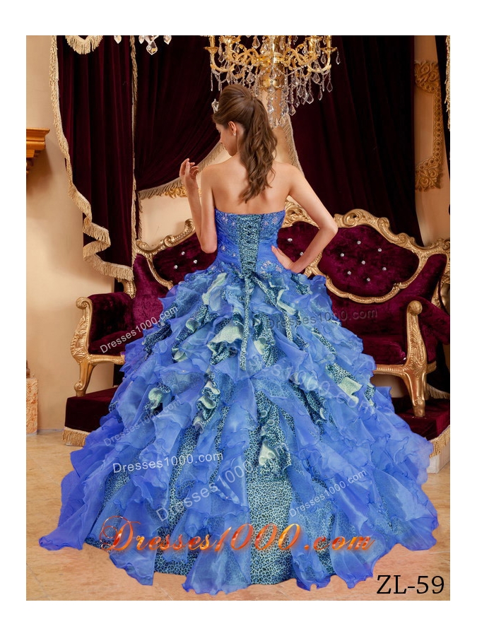 2014 Blue Puffy Sweetheart Beading Leopard and Organza Quinceanera Dress with Ruffles