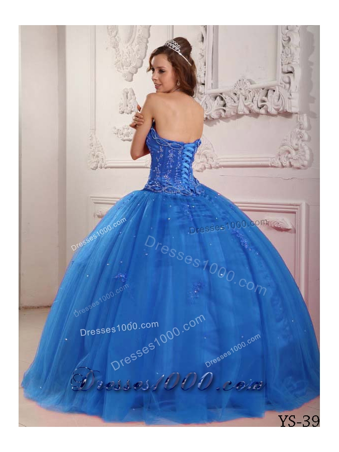 2014 Elegant Puffy Strapless Beading in Blue Quinceanera Dress with Appliques