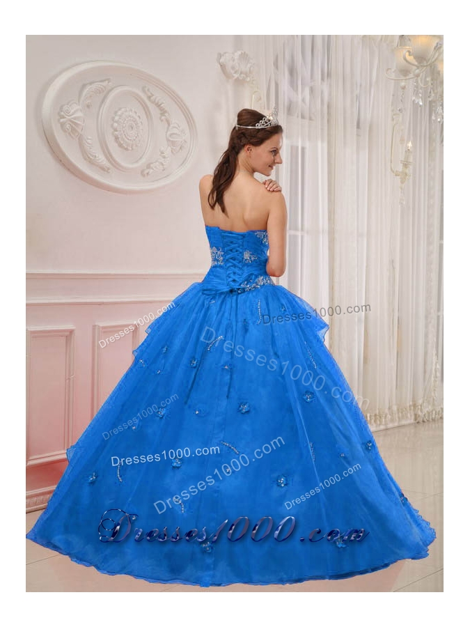 2014 Gorgeous Blue Puffy Strapless Appliques Quinceanera Dress with Beading