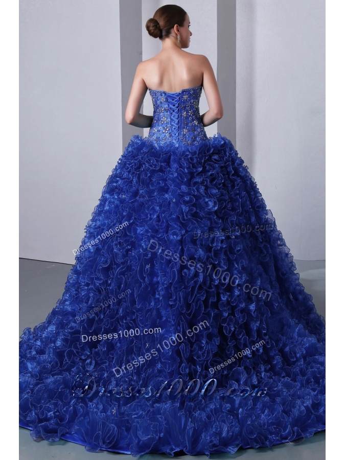 2014 Popular Blue Princess Sweetheart Brush Train Quinceanea Dress with Beading and Ruffles