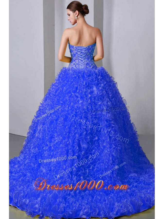 2014 Quinceanea Dress in Blue Princess Sweetheart Brush Train with Beading and Ruffles