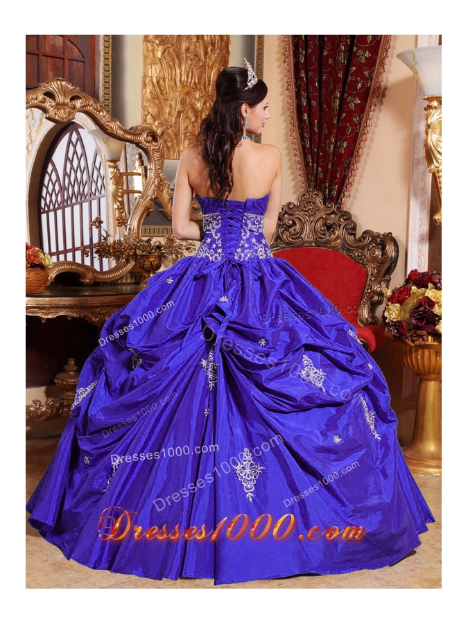 2014 Royal Blue Puffy Strapless Appliques Quinceanera Dress with Pick-ups