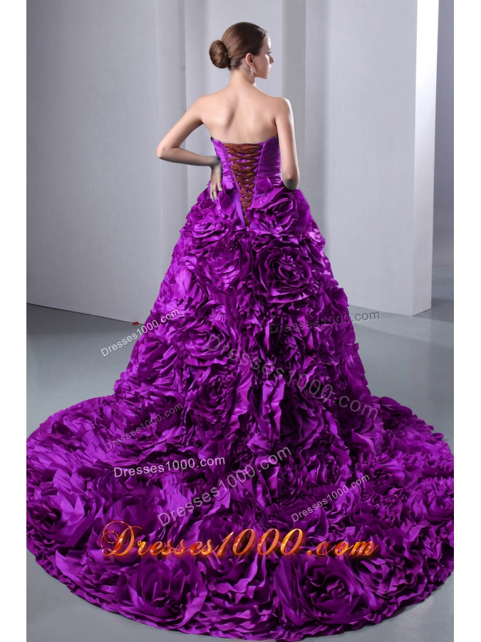 A-Line / Princess Sweetheart Court Train Quinceanea Dress with Rolling Flowers