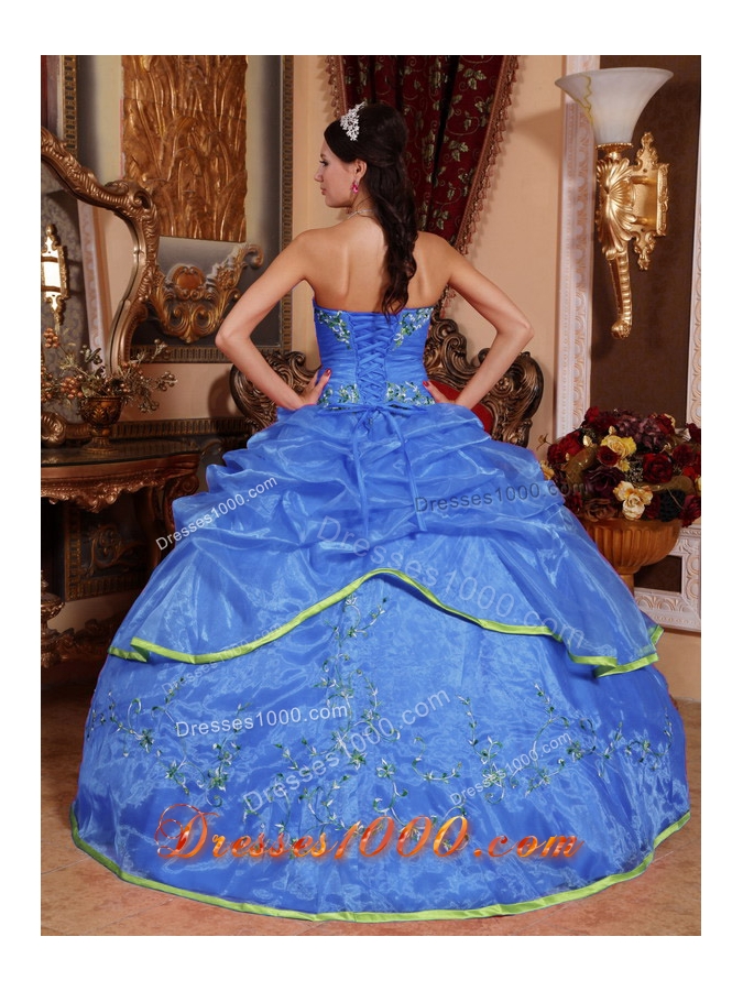 Brand New Blue Puffy Strapless for 2014 Appliques Quinceanera Dress with Pick-ups