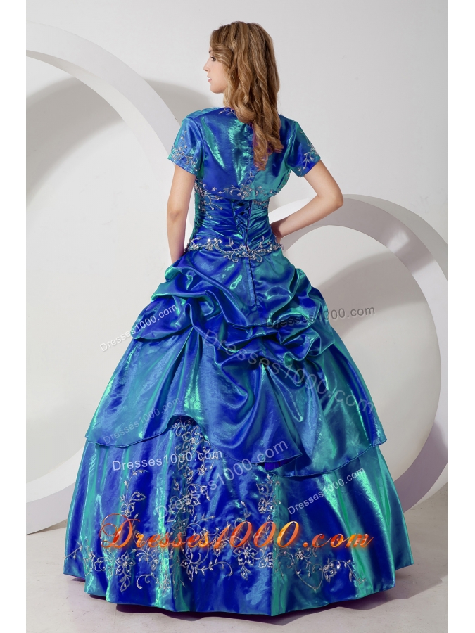 Discount Blue Puffy Strapless Embroidery for 2014 Quinceanera Dresses