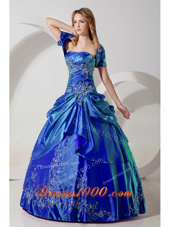 Discount Blue Puffy Strapless Embroidery for 2014 Quinceanera Dresses