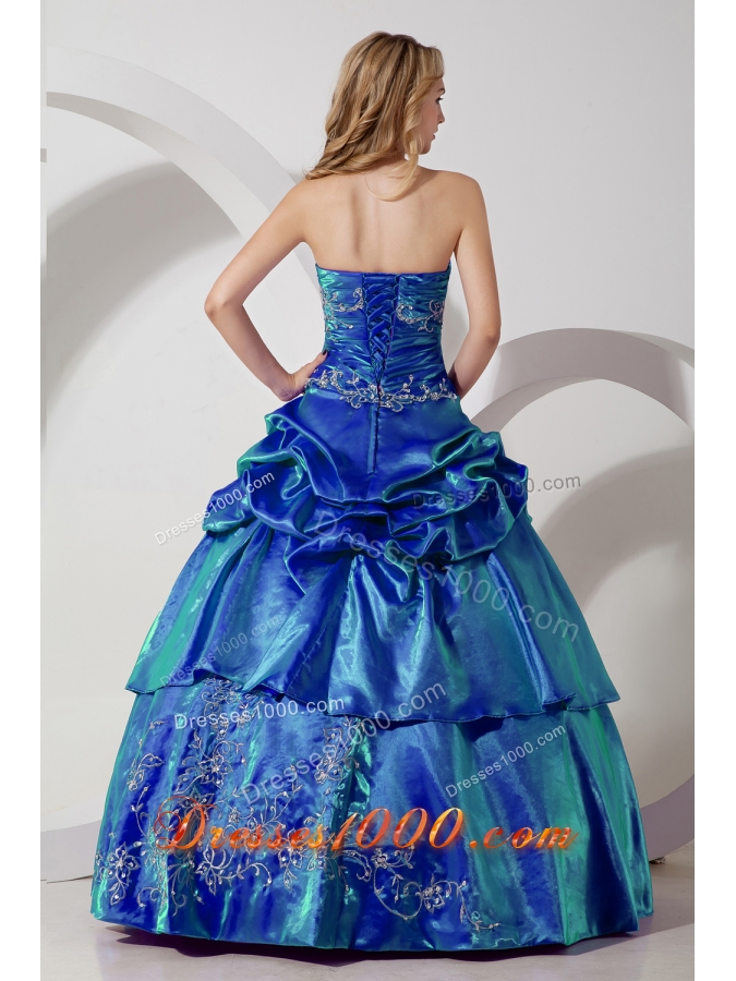 Discount Blue Puffy Strapless Embroidery for 2014 Quinceanera Dresses