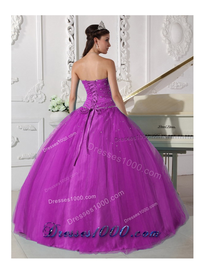 Elegant Fuchsia Strapless Tulle Beading and Ruching Sweet 15 Dresses
