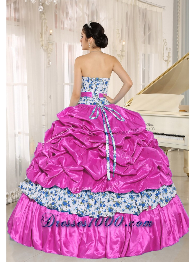 Exclusive Beading and Pick-ups Taffeta Quinceanera Gown with Printing