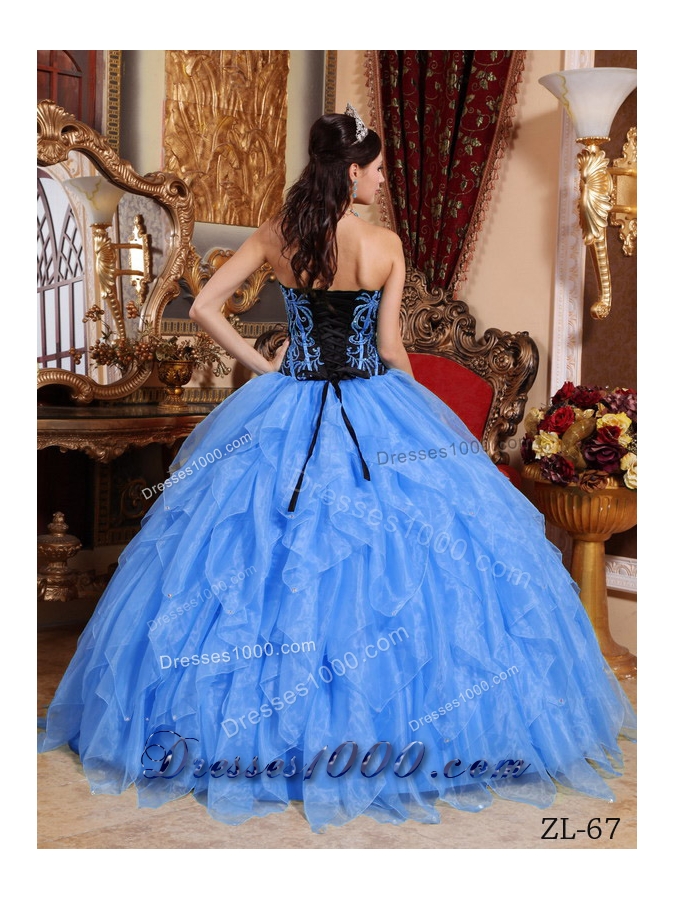 Inexpensive Blue Puffy Sweetheart Embroidery and Beading Quinceanera Dress For 2014