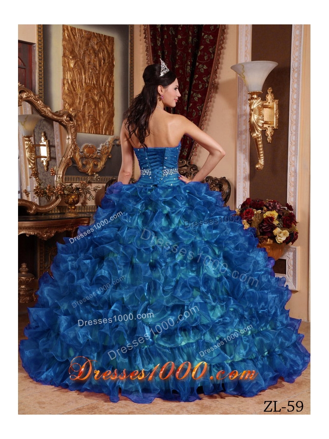 Peacock Blue Puffy Sweetheart For 2014 Beading Quinceanera Dress with Ruffles