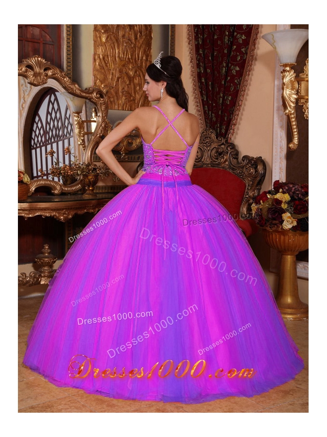 Spaghetti Straps Taffeta and Tulle Beaded Decorate Sweet 16 Dresses