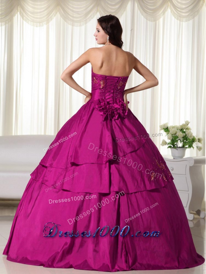 Strapless Fuchsia Hand Flowers and Appliques Quinceanera Gowns