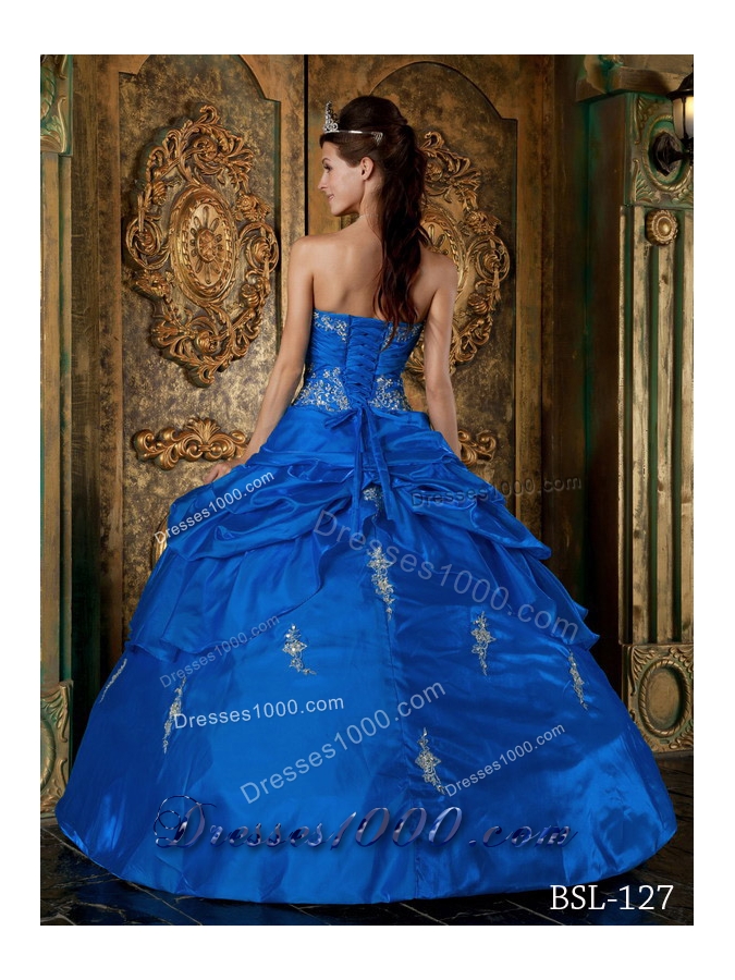 2014 Affordable Blue Puffy Sweetheart Appliques Quinceanera Dress with Beading