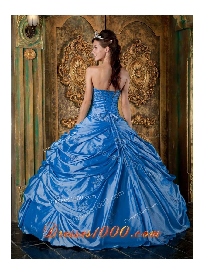 2014 Affordable Teal Puffy Strapless Appliques Quinceanera Dress