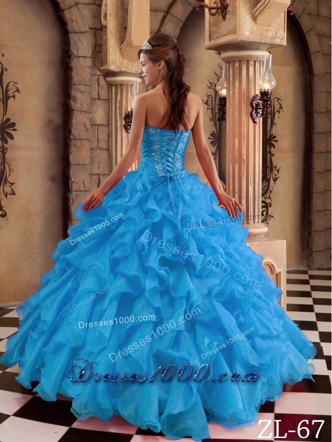 2014 Exclusive Aqua Blue Sweetheart Puffy Ruffles Quinceanera Dress with Beading