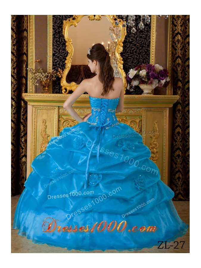 2014 Hot Teal Puffy Beading Quinceanera Dress with Appliques and Pick-ups