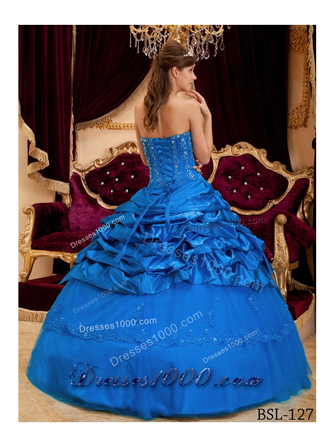 2014 Popular Blue Puffy Strapless Lace Quinceanera Dress with Appliques and Pick-ups