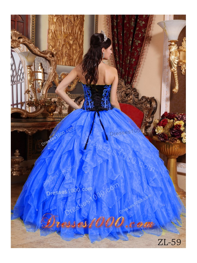 Affordable Blue Puffy Sweetheart For 2014 Embroidery Quinceanera Dress with Beading