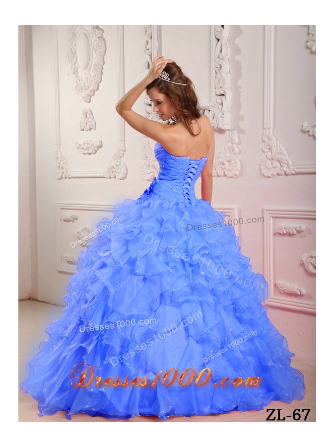 Blue Romantic Puffy Sweetheart Beading Quinceanera Dress with Hand Made Flower